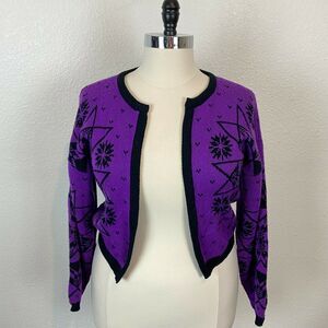 Cardigan Sweater Vintage 80s Purple Black Retro Chic Funky Goth Open Oversized M